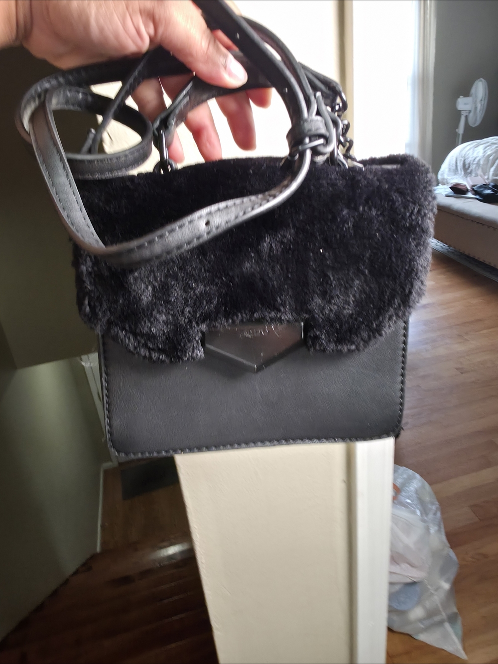 Aldo Black Faux Fur Accent Crossbody Satchel